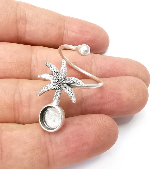 Palm Tree Ring Setting Resin Ring Blank Cabochon Mounting Adjustable Dried Flower Ring Base Bezel Antique Silver Plated Brass (8mm) G34259