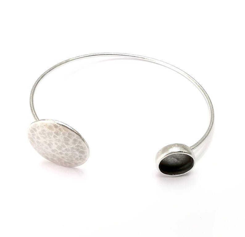 Hammered Silver Bracelet Brass Cuff Blank Bezel Glass Cabochon Base Adjustable Antique Silver Brass (10 mm blank) G34260