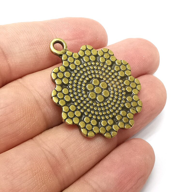 Flower Round Charms, Antique Bronze Plated (39x32mm) G34318