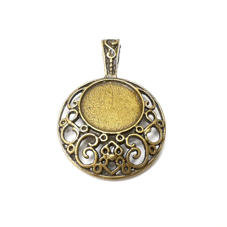 Round Filigree Pendant Blank Bezel Setting Resin Blank Antique Bronze Plated Pendant (24mm) G34266