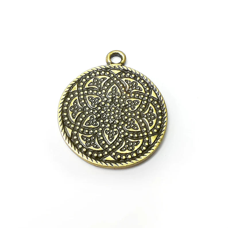 Flower Round Charms, Antique Bronze Plated (39x33mm) G34270