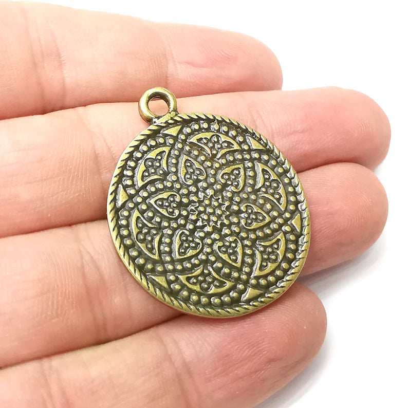 Flower Round Charms, Antique Bronze Plated (39x33mm) G34270