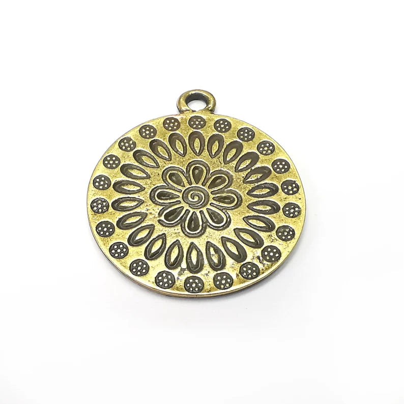 Flower Round Charms, Antique Bronze Plated (38x33mm) G34334