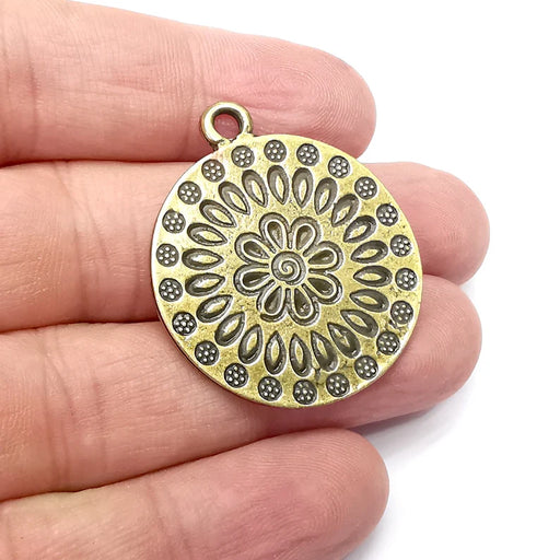 Flower Round Charms, Antique Bronze Plated (38x33mm) G34334