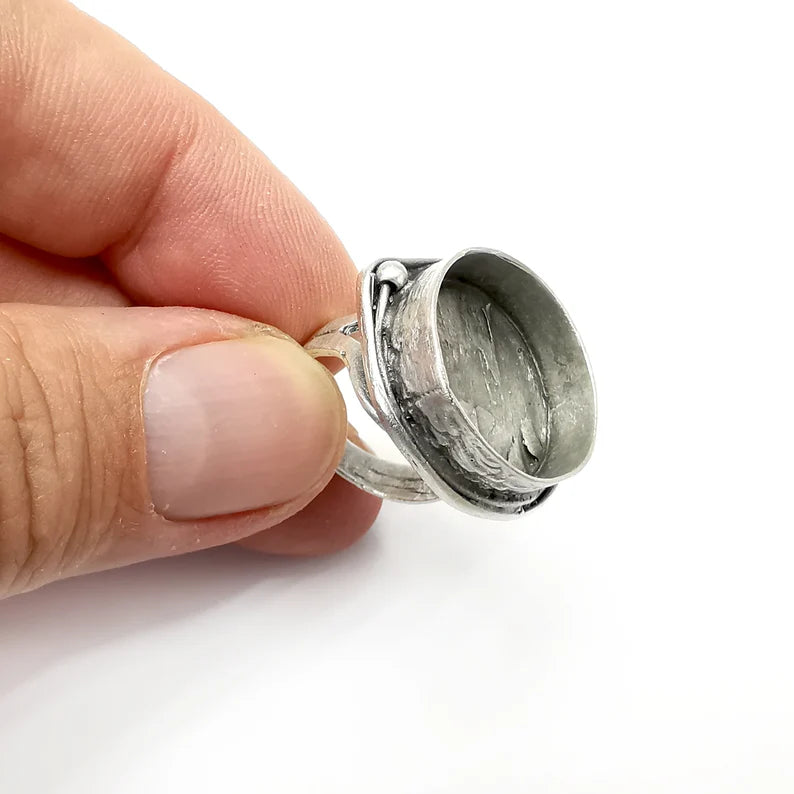 Round Ring Setting Resin Ring Blank Mounting Adjustable Dried Flower Rings Base Bezel Antique Silver Plated Brass (19mm) G34280