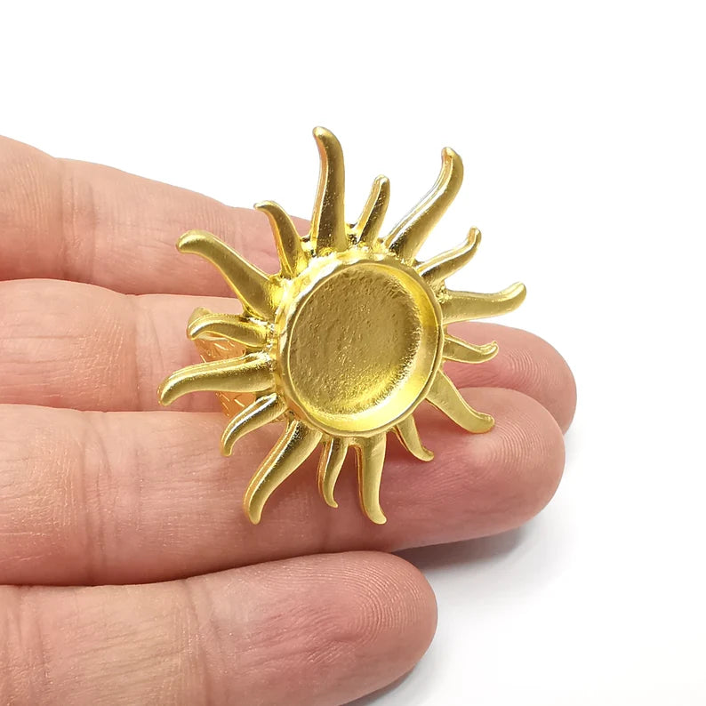 Sun Ring Blank Settings, Cabochon Mounting, Adjustable Gold Plated Resin Ring Base Bezel, Inlay Mosaic Epoxy (16mm) G34282