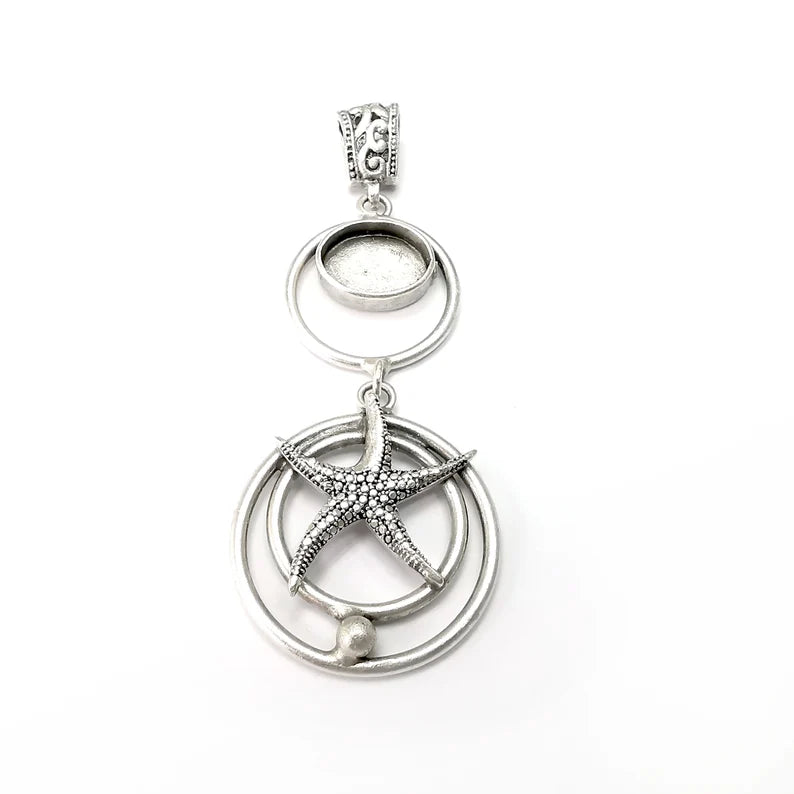 Starfish Oval Pendant Base Setting Bezel Blank Antique Silver Plated Brass Pendant (77mm) (14x10mm blank) G34346
