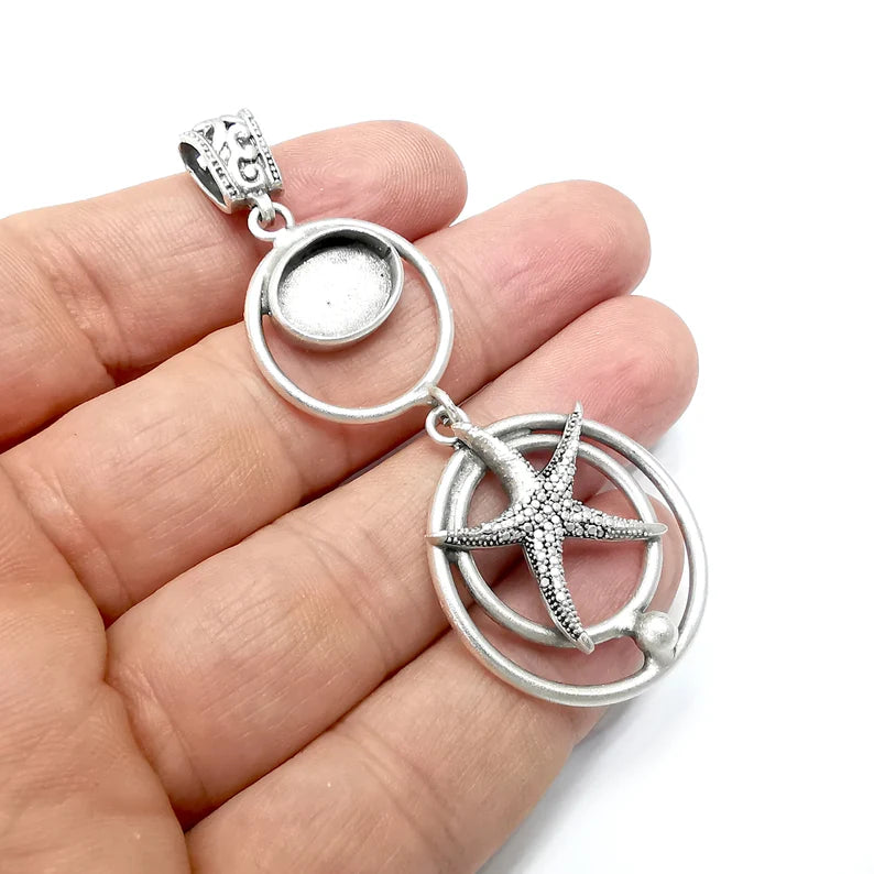 Starfish Oval Pendant Base Setting Bezel Blank Antique Silver Plated Brass Pendant (77mm) (14x10mm blank) G34346