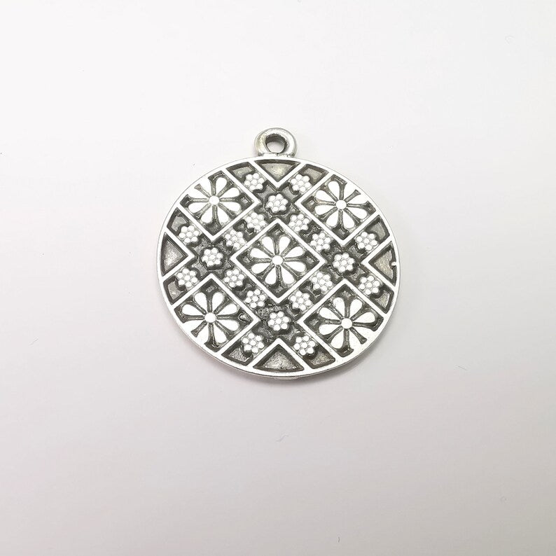 Flower Round Charms, Antique Silver Plated (39x33mm) G34352