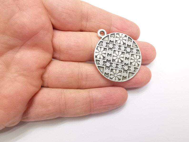 Flower Round Charms, Antique Silver Plated (39x33mm) G34352