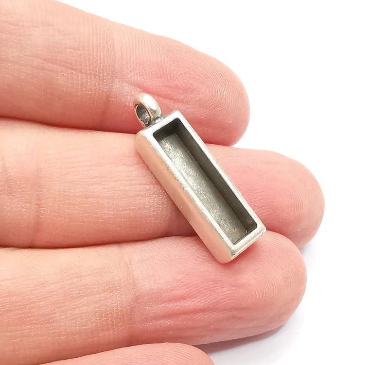 2 Rectangle Pendant Blanks, Resin Bezel Bases, Mosaic Mountings, Dry flower Frame, Polymer Clay base, Antique Silver Plated (20x5mm) G34355