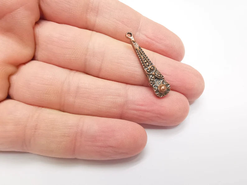 4 Dangle Flower Charms, Antique Copper Plated Charms (32x7mm) G34357