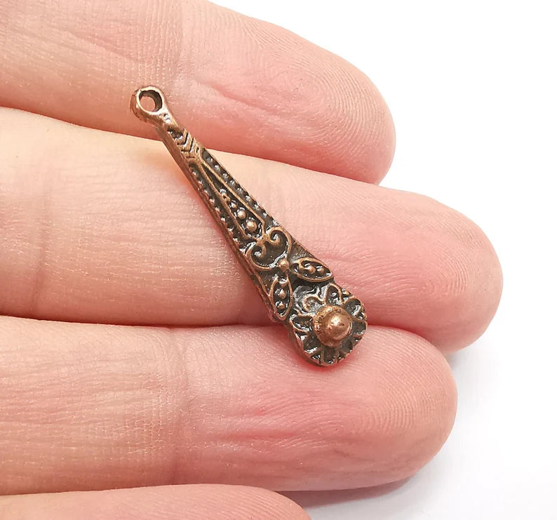 4 Dangle Flower Charms, Antique Copper Plated Charms (32x7mm) G34357