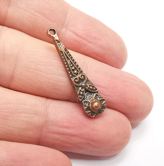 4 Dangle Flower Charms, Antique Copper Plated Charms (32x7mm) G34357
