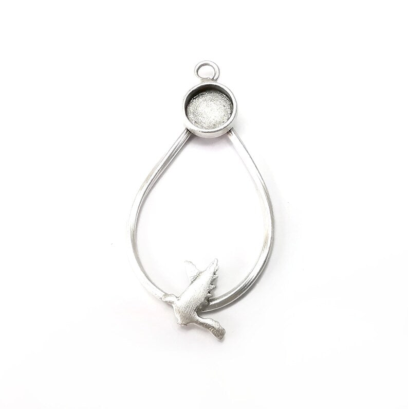 Drop Bird round Pendant Base Setting Bezel Blank Antique Silver Plated Brass Pendant (48mm) (8mm blank) G34365