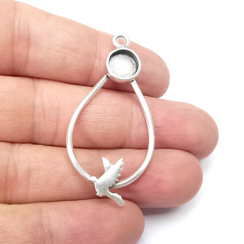 Drop Bird round Pendant Base Setting Bezel Blank Antique Silver Plated Brass Pendant (48mm) (8mm blank) G34365