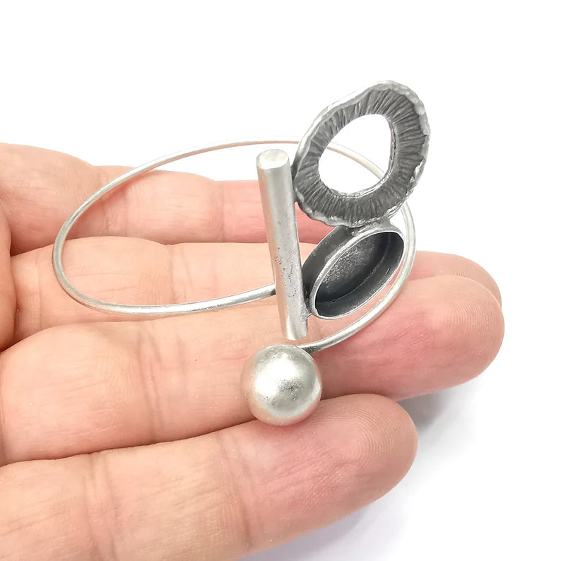 Ball Oval Bezel Bracelet Cuff Blank Resin Mountings Cabochon Base Settings Antique Silver Plated Brass Adjustable Bracelet (14x10mm) G34367