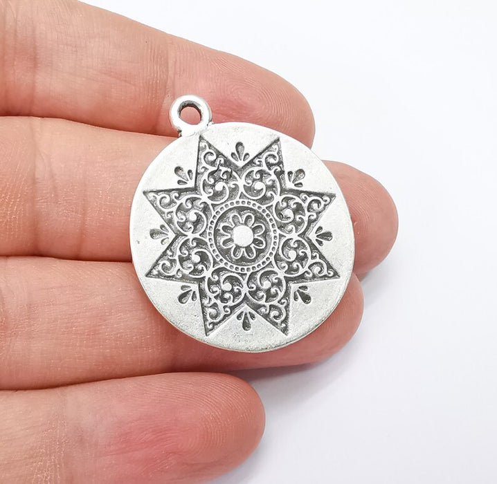 Round Dangle Mandala Pendant Charms, Antique Silver Plated (37x32mm) G34375