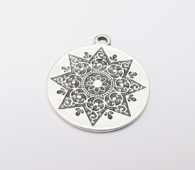 Round Dangle Mandala Pendant Charms, Antique Silver Plated (37x32mm) G34375