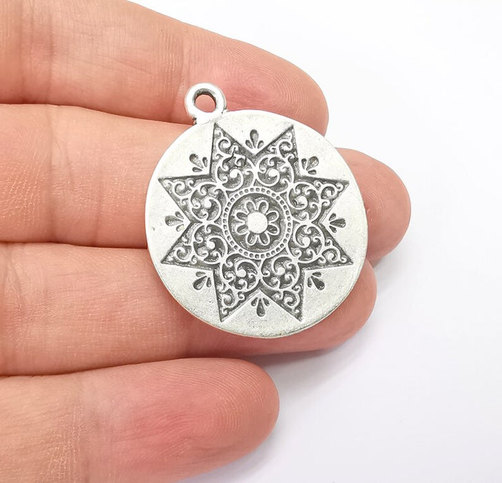 Round Dangle Mandala Pendant Charms, Antique Silver Plated (37x32mm) G34375