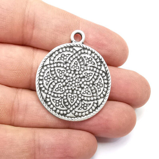 Flower Round Charms, Antique Silver Plated (39x32mm) G34297
