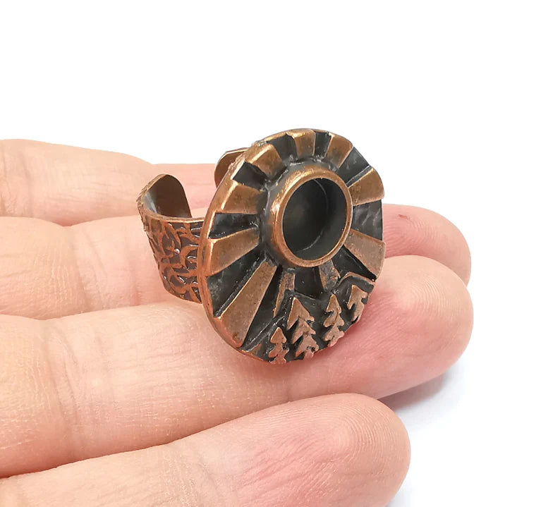 Tree Mountain Sun Ring Blank Setting, Cabochon Mounting, Adjustable Resin Ring Base, Antique Copper Inlay Mosaic Ring Bezel (8mm) G34388