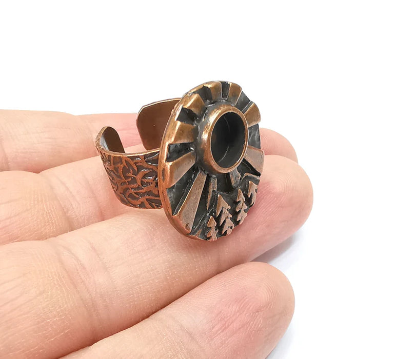 Tree Mountain Sun Ring Blank Setting, Cabochon Mounting, Adjustable Resin Ring Base, Antique Copper Inlay Mosaic Ring Bezel (8mm) G34388