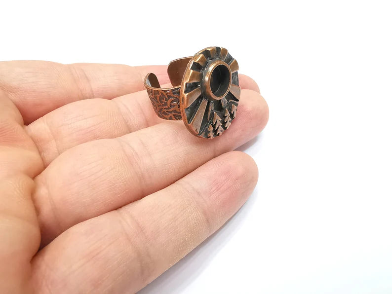Tree Mountain Sun Ring Blank Setting, Cabochon Mounting, Adjustable Resin Ring Base, Antique Copper Inlay Mosaic Ring Bezel (8mm) G34388