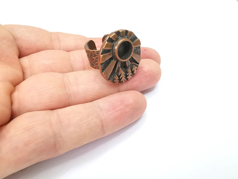 Tree Mountain Sun Ring Blank Setting, Cabochon Mounting, Adjustable Resin Ring Base, Antique Copper Inlay Mosaic Ring Bezel (8mm) G34388