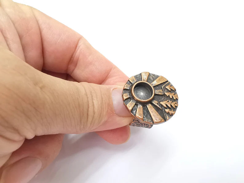 Tree Mountain Sun Ring Blank Setting, Cabochon Mounting, Adjustable Resin Ring Base, Antique Copper Inlay Mosaic Ring Bezel (8mm) G34388