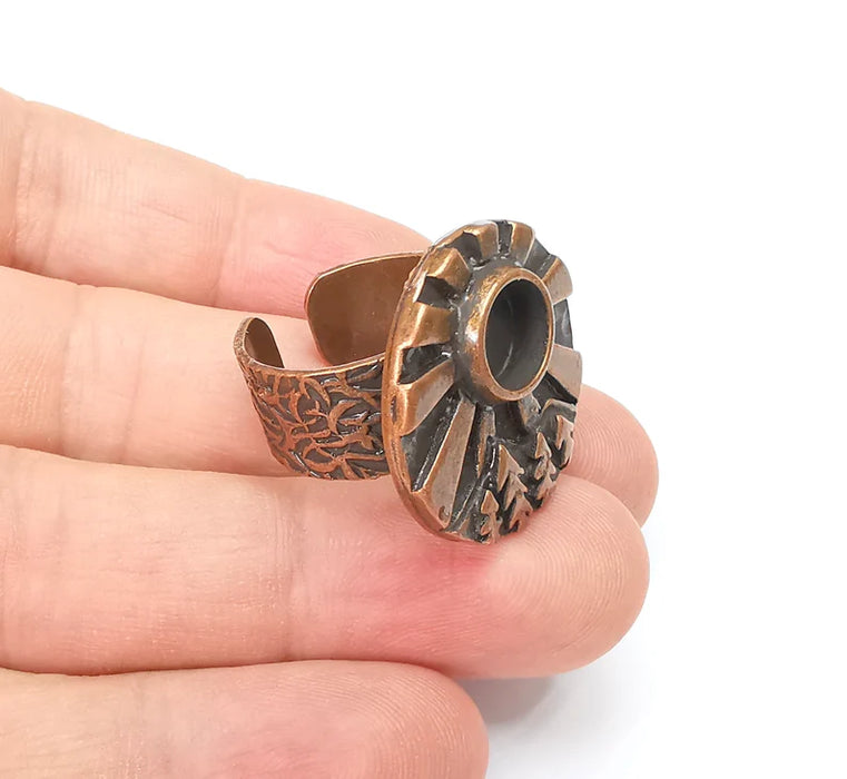 Tree Mountain Sun Ring Blank Setting, Cabochon Mounting, Adjustable Resin Ring Base, Antique Copper Inlay Mosaic Ring Bezel (8mm) G34388