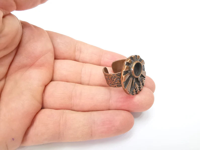 Tree Mountain Sun Ring Blank Setting, Cabochon Mounting, Adjustable Resin Ring Base, Antique Copper Inlay Mosaic Ring Bezel (8mm) G34388