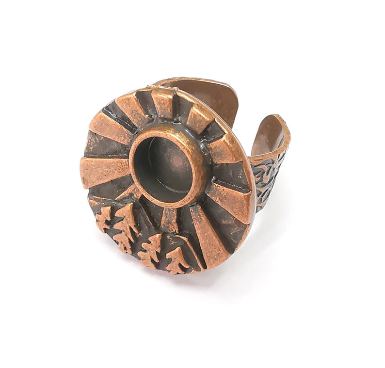 Tree Mountain Sun Ring Blank Setting, Cabochon Mounting, Adjustable Resin Ring Base, Antique Copper Inlay Mosaic Ring Bezel (8mm) G34388
