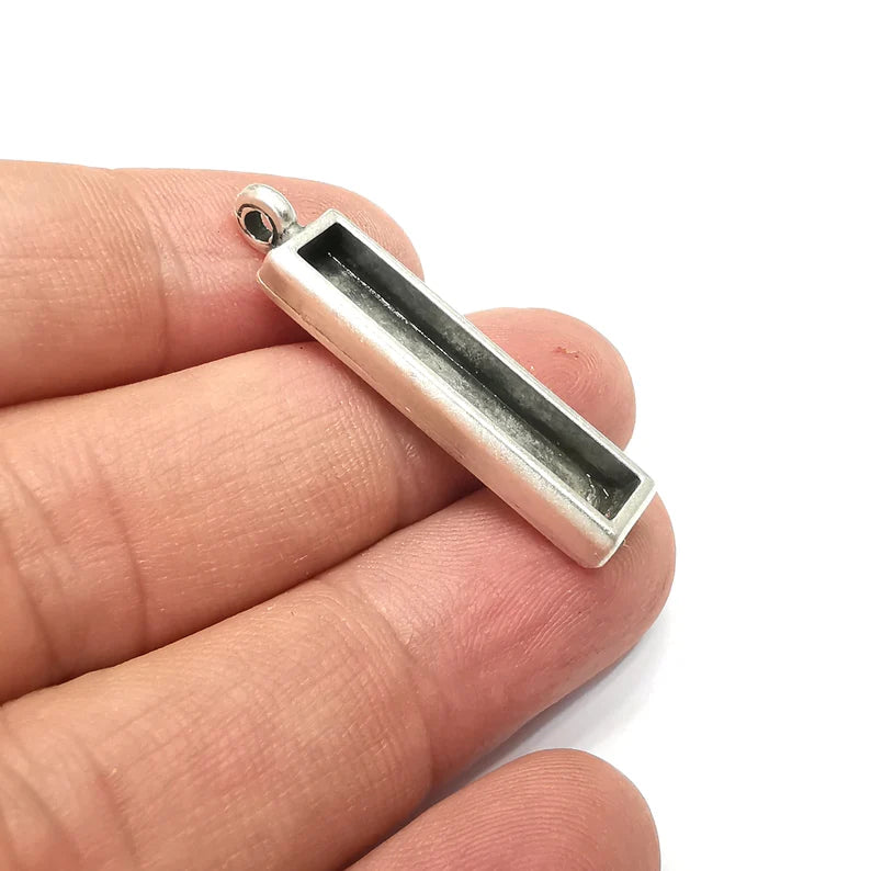 Rectangle Pendant Blanks, Resin Bezel Bases, Mosaic Mountings, Dry flower Frame, Polymer Clay base, Antique Silver Plated (30x5mm) G34393