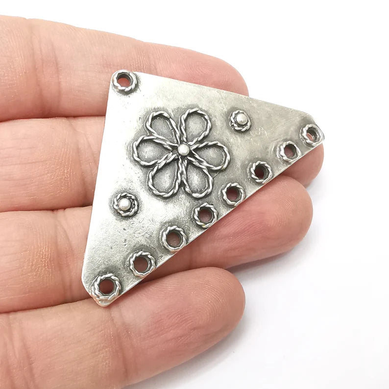 Flower Triangle Charms, Connector Antique Silver Plated Dangle Charms (62x36mm) G34302