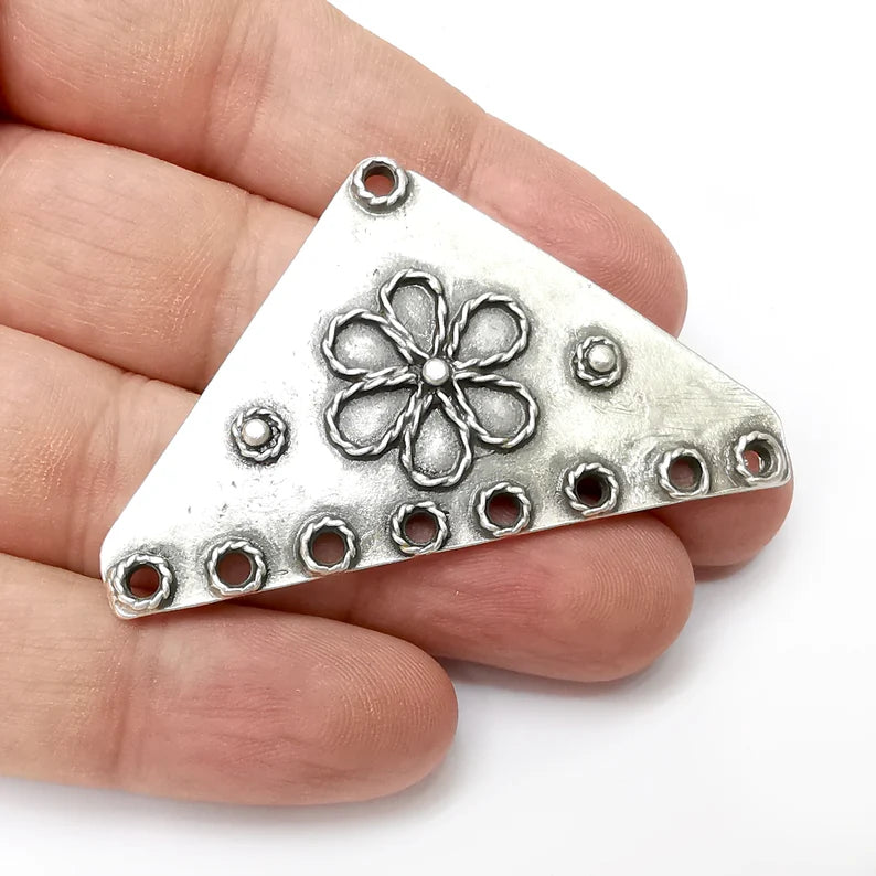 Flower Triangle Charms, Connector Antique Silver Plated Dangle Charms (62x36mm) G34302