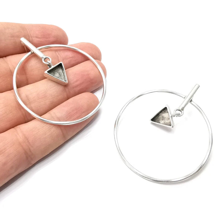 Hoop Rod Stick Triangle Silver Earring Set Base Wire Antique Silver Plated Brass Earring Base (10x10mm cabochon bezel) (58x50mm) G34304