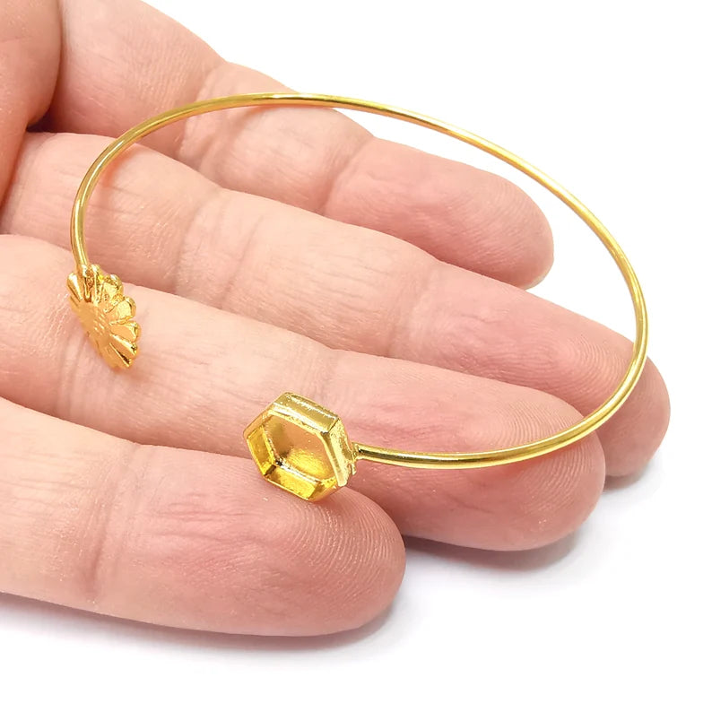 Flower Hexagon Bracelet Bezel Blank Resin Bezel Cabochon Cuff Base Settings Adjustable Bracelet Shiny Gold Plated Brass (8mm Bezel) G34305