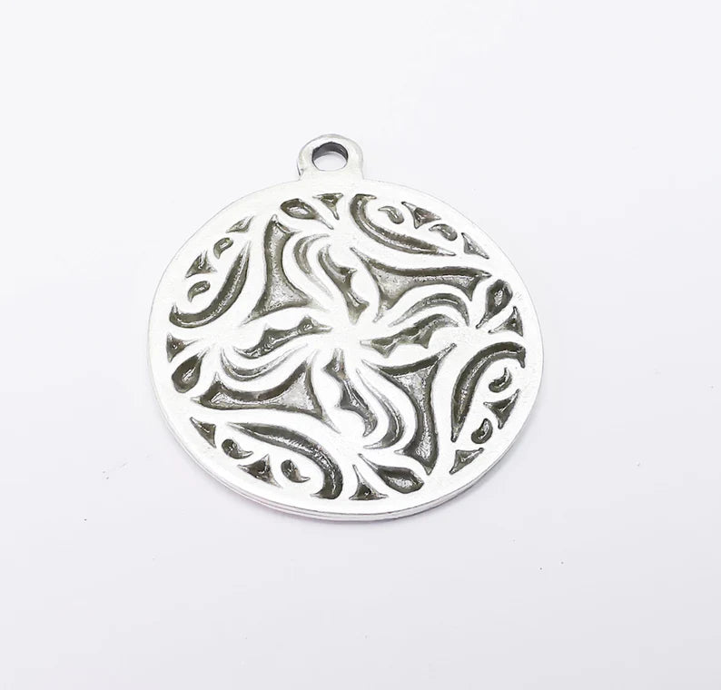Round Dangle Mandala Pendant Charms, Antique Silver Plated (39x33mm) G34394