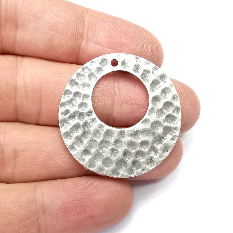 Hammered Disc Round Charms Antique Silver Plated Charms (36mm) G34405