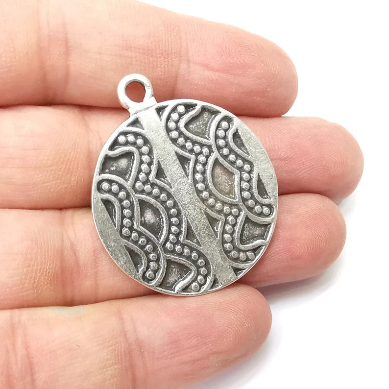 Silver Round Charms, Antique Silver Plated (41x35mm) G34308