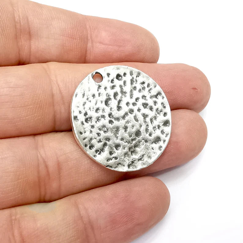 2 Organic Disc Charms, Antique Silver Plated (30mm) G34415