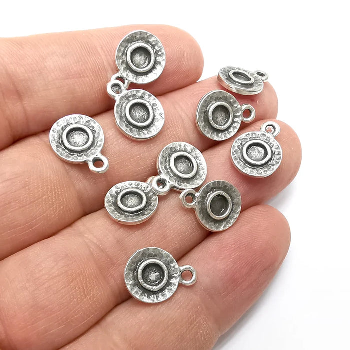 5 Round Charms Blanks, Resin Bezel Bases, Mosaic Mountings, Dry flower Frame, Polymer Clay base, Antique Silver Plated (4mm) G34310