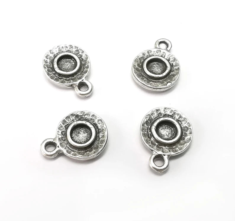 5 Round Charms Blanks, Resin Bezel Bases, Mosaic Mountings, Dry flower Frame, Polymer Clay base, Antique Silver Plated (4mm) G34310