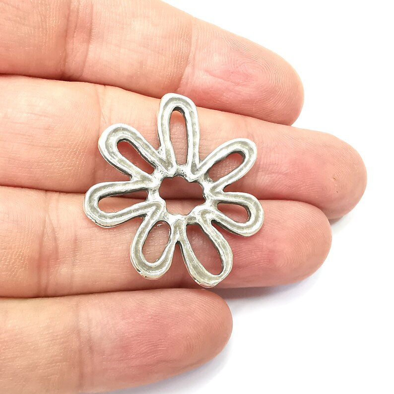 2 Flower Charms Antique Silver Plated Charms (34mm) G34429