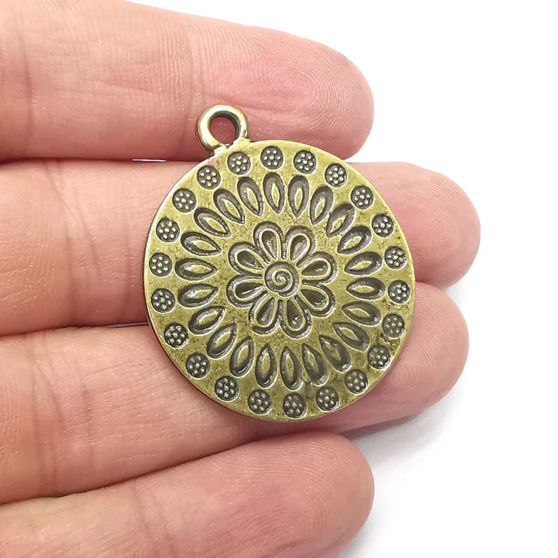 Flower Round Charms, Antique Bronze Plated (38x33mm) G34334