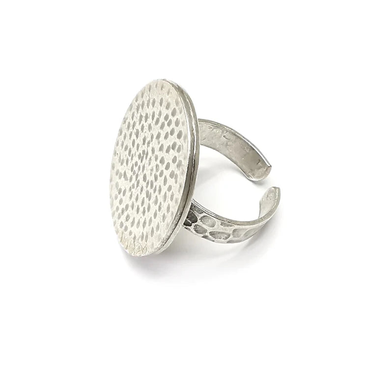 Hammered Ring Round Setting Blank Cabochon Mounting Adjustable Base Bezel Antique Silver Plated (25mm) G34443