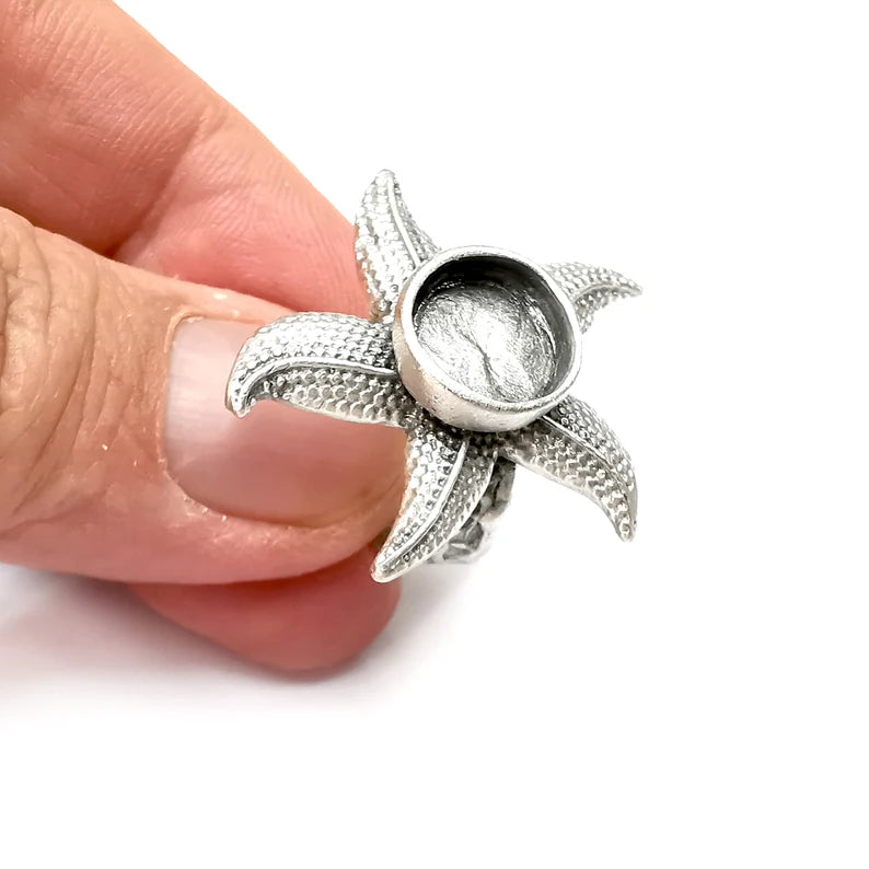 Starfish Ring Setting Resin Ring Blank Cabochon Mounting Adjustable Dried Flower Ring Base Bezel Antique Silver Plated Brass (10mm) G34446