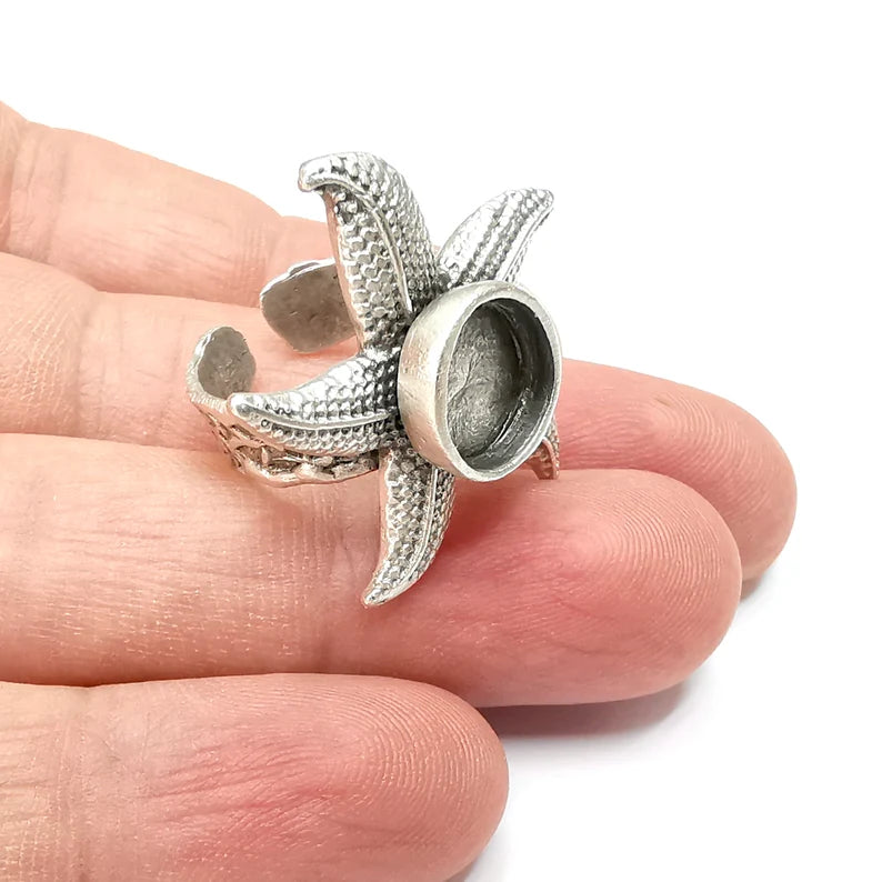 Starfish Ring Setting Resin Ring Blank Cabochon Mounting Adjustable Dried Flower Ring Base Bezel Antique Silver Plated Brass (10mm) G34446