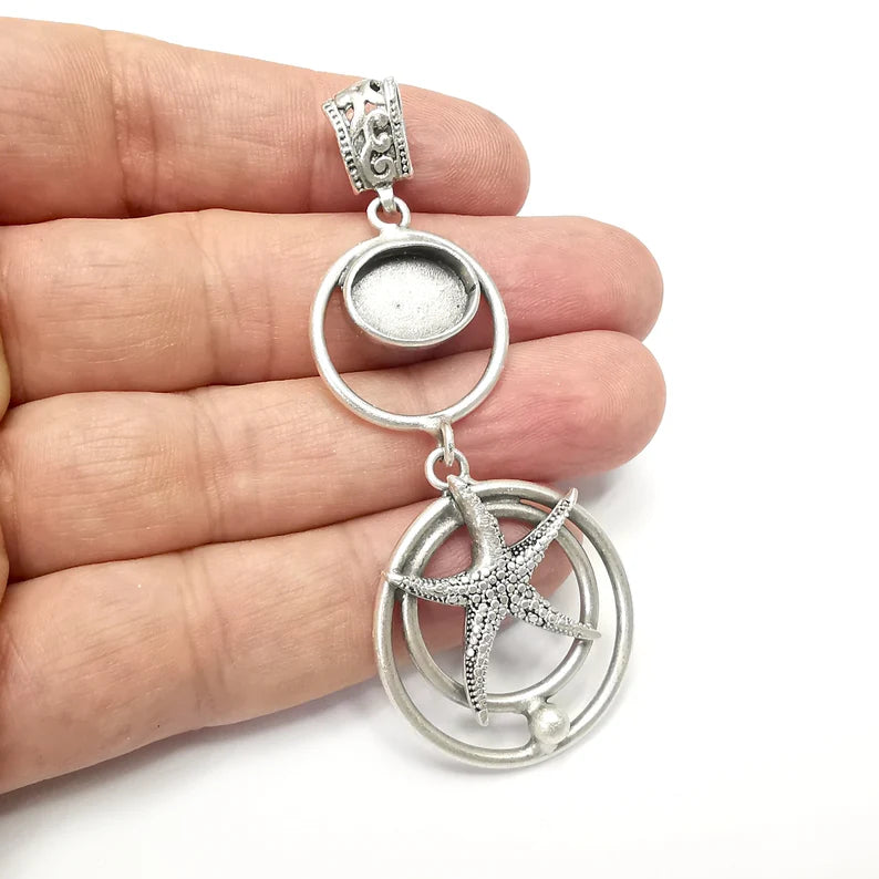 Starfish Oval Pendant Base Setting Bezel Blank Antique Silver Plated Brass Pendant (77mm) (14x10mm blank) G34346